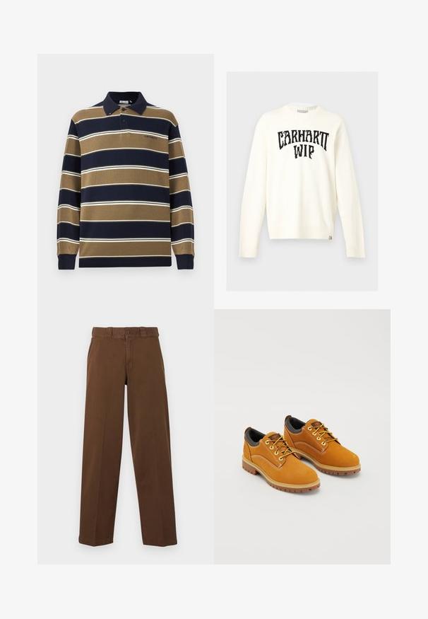 Pull à manches longues col rond écru avec le texte noir "CARHARTT WIP" sur la poitrine et une petite étiquette de la marque en bas de l’ourlet.; Polo à manches longues avec des rayures verticales bleu marine, beige et blanches ; comprend un col, une patte de boutonnage à trois boutons et un logo brodé sur la poitrine.; Pantalon marron à jambes droites avec fermeture à boutons et zip, passants pour ceinture et poches latérales, présenté sur un fond clair.; Chaussures en daim marron avec un bout rond, des lacets jaunes, un col rembourré noir et des semelles en caoutchouc avec des rainures de traction.