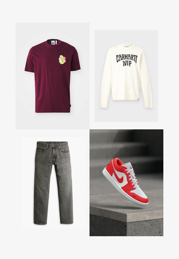 Off-white Langarm-Pullover mit Rundhalsausschnitt, schwarzem "CARHARTT WIP" Schriftzug über der Brust und kleinem Markenetikett am unteren Saum.; Bordeauxfarbendes Baumwoll-T-Shirt mit kurzen Ärmeln und Rundhalsausschnitt. Mit einem gestickten Grafikmotiv auf der linken Brust, das bunte, kreisförmige Designs umfasst.; Graue Jeans aus Denim mit geradem Bein, klassischem Fünf-Taschen-Design und dezenten Nähten an den Säumen und Taschen.; Low-Top-Sneaker in Weiß und Rot mit rotem Nike-Swoosh, weißen Schnürsenkeln und perforierter Zehenpartie, schwebend über einer Betonplatte.