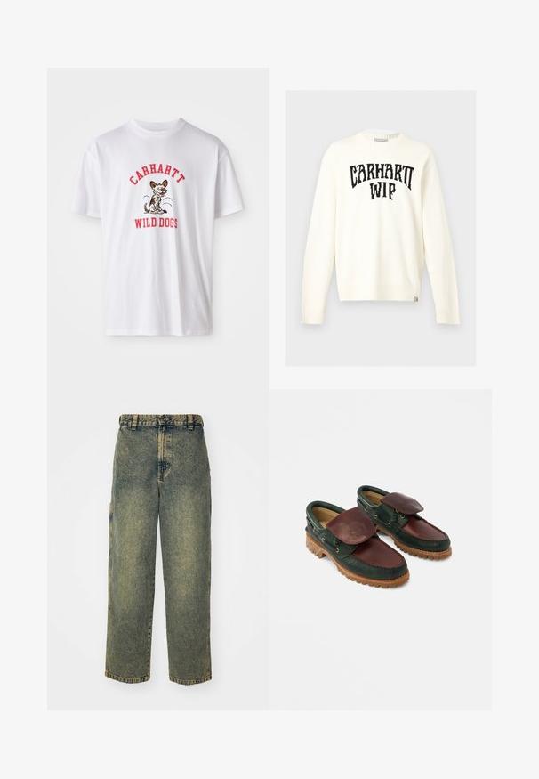 Off-white Langarm-Pullover mit Rundhalsausschnitt, schwarzem "CARHARTT WIP" Schriftzug über der Brust und kleinem Markenetikett am unteren Saum.; Weißes Baumwoll-T-Shirt mit rotem gesticktem Text "CARHARTT WILD DOGS" und einer Cartoon-Hund-Grafik auf der Vorderseite. Kurze Ärmel, runder Ausschnitt.; Baggy-Jeans aus Denim in einer verblassten Blauen und Grünen Waschung. Mit Knopfverschluss, Gürtelschlaufen und Seitentaschen. Flaches Vorderteil und gerades Bein-Design.; Lederschuhe mit einem dunkelgrünen Oberteil und einem bordeauxroten oberen Teil, runder Spitze, gesichertem Klappverschluss und einer strukturierten Gummisohle mit Rillen.