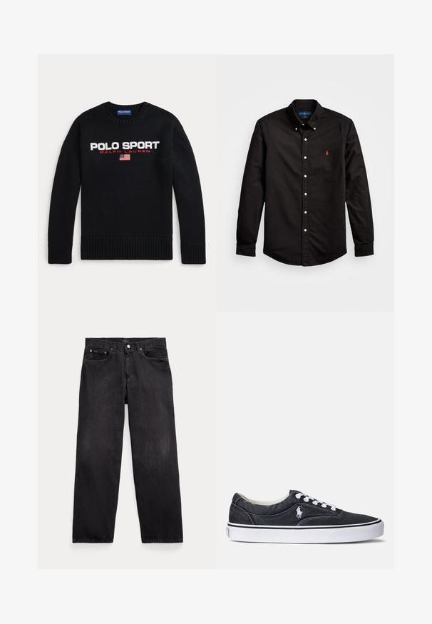 Schwarzer Rundhalspullover mit dem Text "POLO SPORT RALPH LAUREN" und einer kleinen amerikanischen Flagge, die auf der Brust gestickt ist.; Schwarzes Langarm-Hemd mit Knopfverschluss aus Baumwolle, mit klassischem Kragen, weißen Knöpfen und einem roten Logo auf der linken Brust.; Schwarze Jeans mit geradem Bein, fünf Taschen, Knopfverschluss und sichtbaren Metallnieten an den vorderen Taschen.; Schwarze Denim-Sneaker mit weißen Schnürsenkeln und Gummisohlen. Mit einem kleinen weißen Logo an der Seite und kontrastierenden Nähten. Flaches Design.