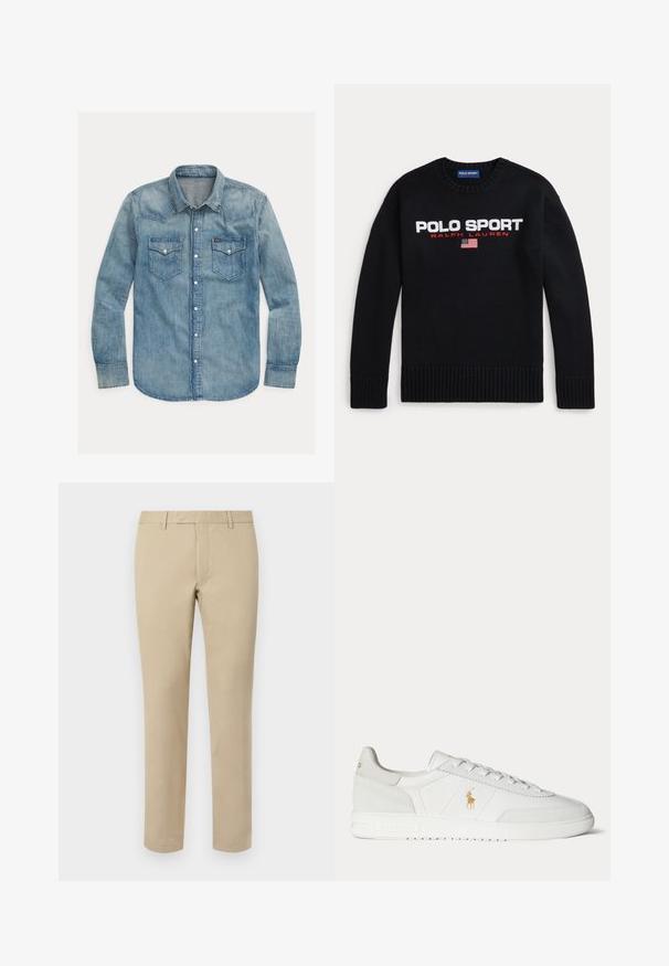 Zwarte crewneck trui met de tekst "POLO SPORT RALPH LAUREN" en een kleine geborduurde Amerikaanse vlag op de borst.; Lichtblauwe denimshirt met een puntkraag, lange mouwen, twee borstzakken en drukknoopsluitingen. Klassiek westernstijl ontwerp.; Beige katoenen broek met een rechte snit, voorzien van riemlussen, een platte voorkant en op maat gemaakte zoom. Glad textuur en minimale details.; Witte lage sneaker met vetersluiting, gouden Polo Ralph Lauren-logo aan de zijkant en een gestructureerde zool op een effen achtergrond.