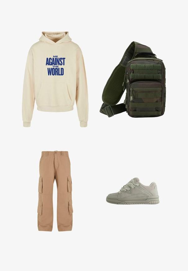 Beige hættebluse med en frontlomme, prydet med fed blå tekst, der står "ME AGAINST THE WORLD" over brystet. Tungt stof, afslappet pasform.; Beige cargo bukser med flere sidelommer, lige ben og en afslappet pasform. Lavet af letvægtsstof med en tekstureret overflade.; Lav-snit grå sneaker med tykke teksturerede snørebånd, polstret krave, syninger i panelerne og en rilled gummisål for greb.; Grøn camouflage sling rygsæk med flere lynlåslommer, en justerbar rem og et netpanel på ryggen for ventilation.