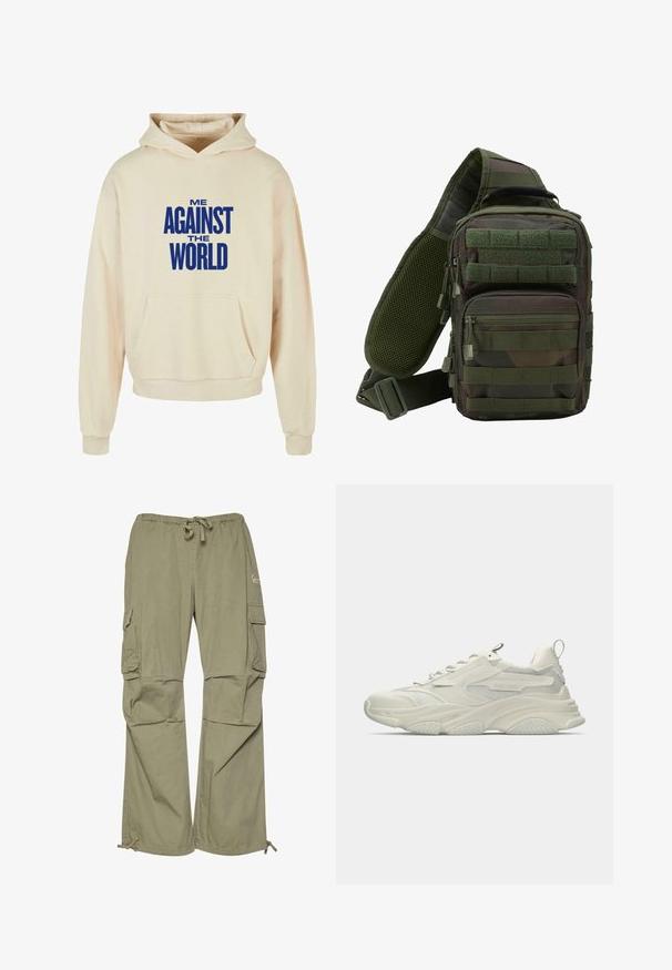 Beige hættebluse med en frontlomme, prydet med fed blå tekst, der står "ME AGAINST THE WORLD" over brystet. Tungt stof, afslappet pasform.; Cargo bukser i olivengrøn, lavet af let stof, med elastisk talje, justerbare manchetter og flere sidelommer.; Kraftig hvid sneaker med mesh-detaljer, tekstureret gummisål og afrundet form. Har minimal branding og en trækflap på hælen.; Grøn camouflage sling rygsæk med flere lynlåslommer, en justerbar rem og et netpanel på ryggen for ventilation.