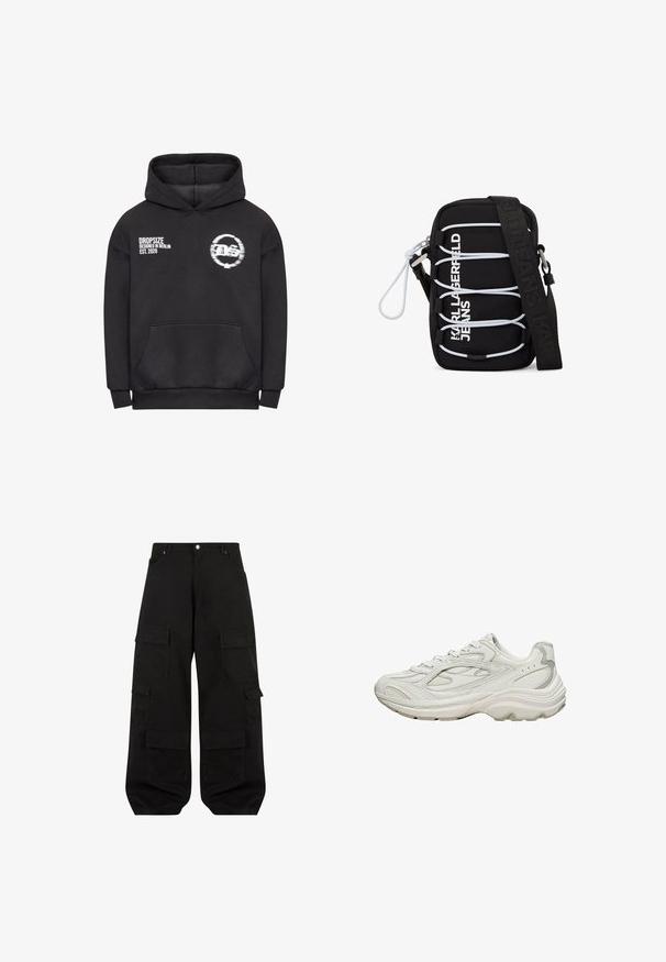 Schwarzer Hoodie mit einer Fronttasche, der weißer Text "DROPSIZE DESIGNED IN BERLIN EST. 2020" und ein kreisförmiges Logo auf der Brust enthält.; Schwarze Cargo-Hosen aus strapazierfähiger Baumwolle mit lockerer Passform. Verfügt über mehrere Utility-Taschen und ein gerades Bein Design.; Weißer Sneaker mit strukturiertem Obermaterial und klobiger Sohle. Merkmale sind geschwungene Linien, dezente graue Akzente und ein Schnürdesign.; Schwarze Umhängetasche mit weißen elastischen Schnüren, silbernen Beschlägen und dem Aufdruck "KARL LAGERFELD JEANS" in Weiß auf der Vorderseite, mit breitem schwarzem Träger.