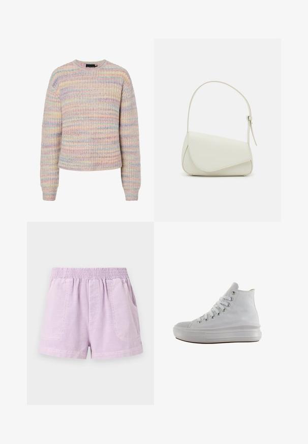 Pull en stripes pastel en tissu tricoté texturé. Il a un col rond, des manches longues et une coupe décontractée. Les couleurs incluent le rose, le bleu et la crème.; Shorts lilas en tissu léger avec une taille élastique, dotés de deux poches avant et d'une coupe décontractée.; Baskets montantes en toile blanche avec lacets blancs, œillets métalliques, semelle épaisse en caoutchouc et bout texturé, orientées vers la gauche sur fond blanc.; Sac à main en cuir synthétique blanc avec une forme triangulaire structurée, une bandoulière unique réglable et un rabat à courbes accentuées.