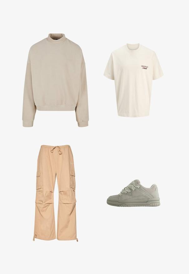 Beige fleece sweatshirt met hoge hals, losse pasvorm, verlaagde schouders en geribbelde manchetten. Zachte textuur en eenvoudig ontwerp zonder patronen.; Roomkleurig T-shirt met korte mouwen en "ORIGINALS Studio" in kleine bruine letters gedrukt op de linkerborst.; Beige cargobroek met een elastische tailleband en trekkoord, voorzien van zijzakken en een relaxte pasvorm. Gemaakt van lichte stof.; Laag model grijze sneaker met dikke, gestructureerde veters, gevoerde kraag, gestikte panelen en een geribbeld rubberen zool voor grip.