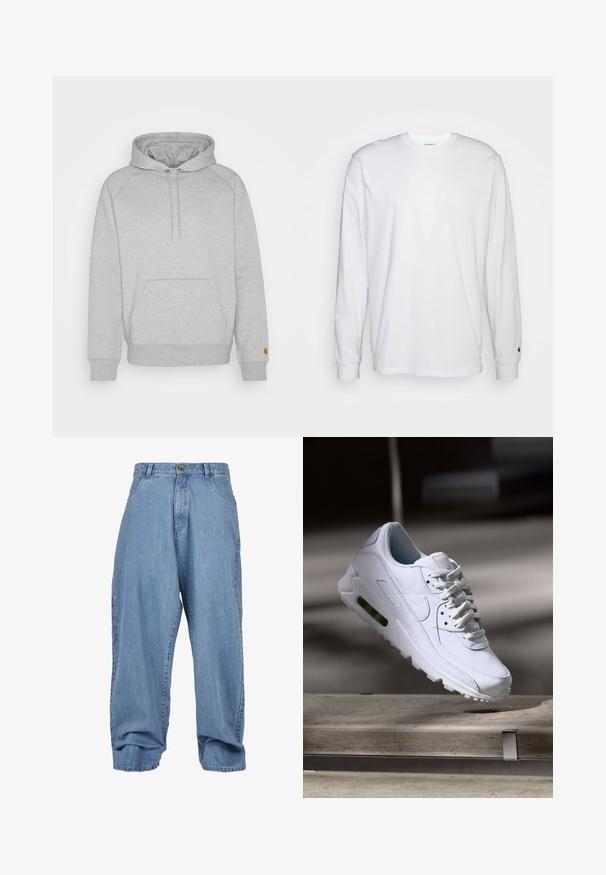 Grauer Kapuzenpullover mit einer Kängurutasche, gerippten Bündchen und Saum, mit einem Logopatch am linken Ärmel. Weicher Stoff.; Weißes Langarm-T-Shirt aus Baumwolle. Rundhals-Design mit gerippten Bündchen und kleinem Logo auf dem linken Ärmel. Glatte Textur.; Hellblaue Jeanshosen mit lockerem Schnitt, Knopfverschluss, frontalen Taschen und umgeschlagenem Saum, ausgestattet mit einem klassischen Fünf-Taschen-Design.; Weiße Lederturnschuhe mit strukturierten Oberflächen, gepolstertem Kragen und sichtbarer Luftpolsterung in der Sohle. Verfügt über Schnürsenkel und ein minimalistisches Design.