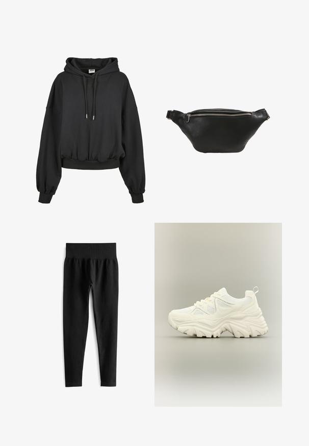 Zwarte hoodie met een trekkoordcapuchon, losse pasvorm, brede mouwen en geribde zoom. Gemaakt van zachte stof met een gladde textuur.; Zwarte geribde legging met een brede, elastische tailleband. De stof lijkt rekbaar en gestructureerd, eindigend net boven de enkel.; Witte chunky sneaker met dikke textuurrijke zool, mesh panelen, veters aan de voorkant en een treklipje aan de hiel op een neutrale achtergrond.; Zwarte leren heuptas met een gladde textuur, gebogen vorm en een zilveren ritssluiting. Voorzien van een enkele verstelbare schouderband.