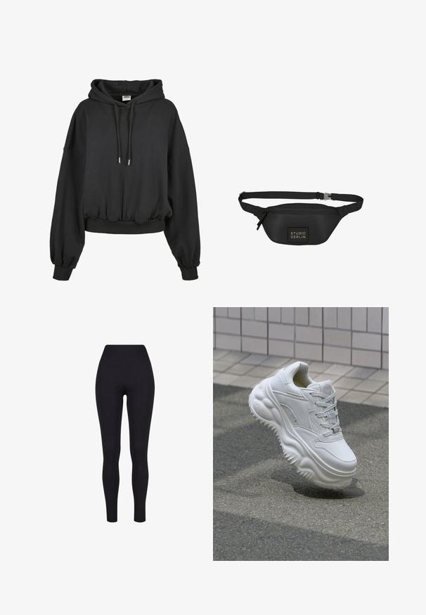 Sort hættetrøje med snøre i huen, løs pasform, brede ærmer og ribbet kant. Fremstillet af blødt stof med en glat tekstur.; Sorte højtaljerede leggings, lavet af strækbart stof, med en glat tekstur og en tætsiddende design uden synlige sømme eller mønstre.; Hvide lædersneakers med en kraftig sål, teksturerede detaljer og snørelukning. Har formede accenter og en glat finish.; Sort bæltetaske lavet af glat, vandafvisende materiale, med en rektangulær form, justerbar rem og en frontlogo-patch.