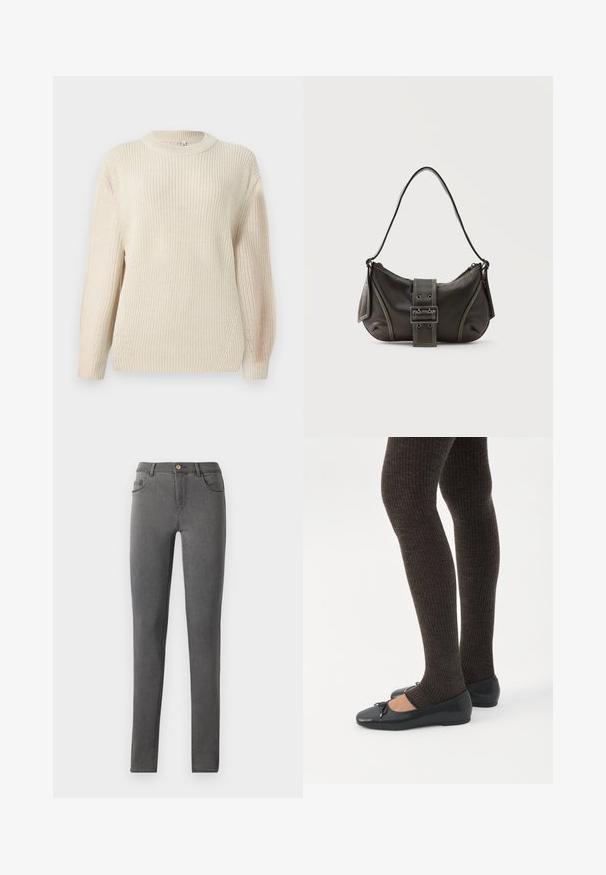 Pull en maille épaisse crème avec un col rond, des manches prolongées et une finition texturée. Présente un léger côte et une coupe décontractée.; Jean skinny en denim gris avec une coupe ajustée, style cinq poches et une fermeture à bouton métallique unique au niveau de la taille.; Jambes portant des leggings côtelés foncés associés à des ballerines noires avec de petits détails en nœud sur fond blanc.; Sac à épaule en cuir noir avec une sangle à boucle, des bords arrondis et des coutures blanches contrastées sur un fond uni.