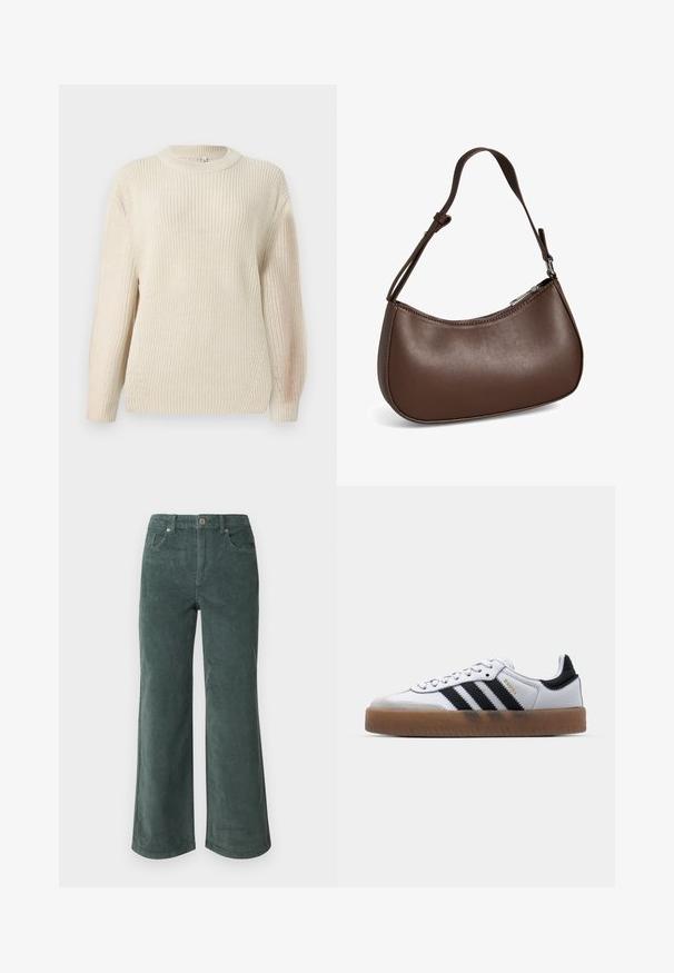 Chunky-strikket cremefarvet sweater med rund halsudskæring, forlængede ærmer og en tekstureret finish. Har diskret ribstrik og en afslappet pasform.; Vero Moda Petite VMTESSA PANTS - Bukser - balsam green; Hvide lædersneakers med sorte striber, gummirubber sål, rund tå, snørelukning og blød grå ruskinds tåhætte.; Lille brun skuldertaske i læder med justerbar rem og lynlåslukning, vist mod hvid baggrund. Ingen synligt branding eller dekorationer.