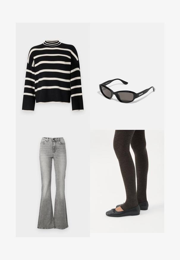 Gebreid sweater met een hoge kraag, voorzien van afwisselend zwarte en witte horizontale strepen, verkorte lengte en brede mouwen.; Grijze flared jeans van denim, met een hoge taille, voorkezen en een vervagingseffect. De zoom is iets breder, waardoor een flared vorm ontstaat.; Benen met donkere geribbelde leggings gecombineerd met zwarte ballerina's met kleine strikdetails op een witte achtergrond.; Zwarte zonnebril met een rechthoekig frame, donkere lenzen, gladde plastic materiaal en een metalen accent op de poot.
