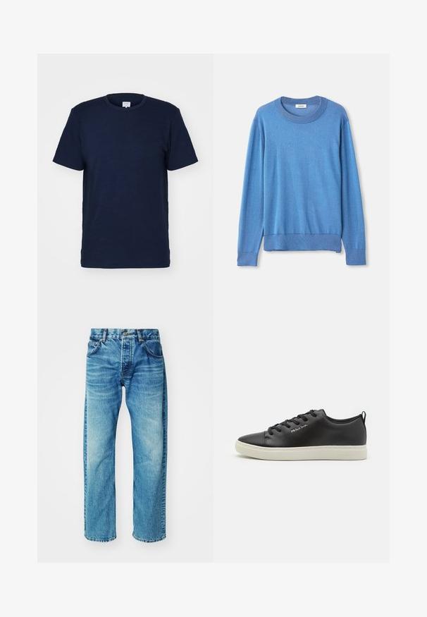 Pull bleu à col rond fabriqué en tissu doux et texturé. Il présente des manches longues et un ourlet côtelé, exposé sur un fond blanc.; T-shirt bleu marine à manches courtes avec un col rond, fabriqué en tissu doux, présentant une texture lisse et un design simple sans motifs.; Jean en denim bleu à coupe décontractée, avec cinq poches, un bouton à fermeture, un léger délavage et un ourlet légèrement effiloché.; Baskets en cuir noir à bout rond, avec une semelle en caoutchouc blanche contrastante, une fermeture à lacets à six œillets et un branding subtil sur le côté.
