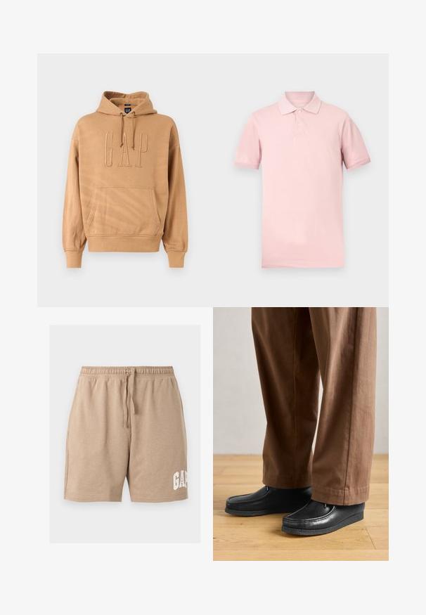 Ruskea Tan-huppari, jossa etutasku ja suuri kohokuvioitu GAP-logo, säädettävä hupullinen ja resorit hihansuissa sekä helmassa.; Vaaleanpunainen lyhythihainen poolopaita, jossa on ribbattu kaulus ja kaksi nappia, yksivärinen muotoilu, valkoisella taustalla.; Beiget rentoa shortsia, jossa joustava vyötärönauha, säädettävä nyöritys, sivutaskut ja valkoinen "GAP"-logo painettuna vasemman alaraajan alaosaan.; Mustat nahkakengät, joissa on mokkasinineule ja ommelyksityiskohdat, yhdistettynä ruskeisiin housuihin, puulattialla.