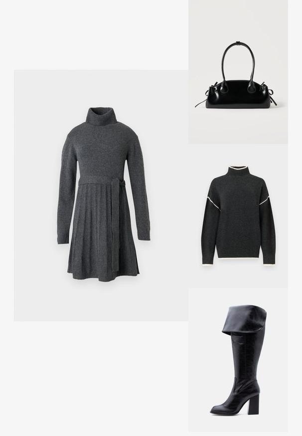 Suéter de punto en gris oscuro con cuello alto, costuras de acento blancas a lo largo de las mangas y el dobladillo, con hombros caídos y un corte relajado.; Vestido de punto gris que presenta un alto cuello de tortuga, mangas largas, una cintura acentuada con un lazo de cinturón y detalles de falda plisada.; Bota alta negra de cuero con tacón, puño doblado y punta redonda, de pie sobre un fondo blanco.; Pequeño bolso negro brillante con dos asas largas y detalles de cordón lateral sobre un fondo claro liso.