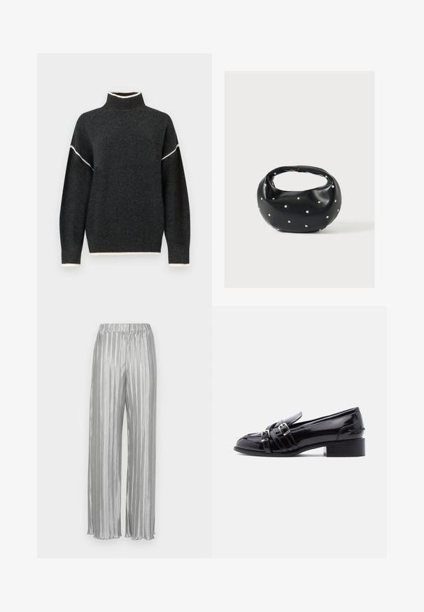 Suéter de punto en gris oscuro con cuello alto, costuras de acento blancas a lo largo de las mangas y el dobladillo, con hombros caídos y un corte relajado.; Pantalones plateados plisados con cintura elástica, pernera ancha y una textura metálica suave. Las rayas verticales realzan el atractivo visual.; Mocasín de charol negro con dos hebillas plateadas, tacón bajo y bloque, y punta redondeada, visto desde el lado derecho sobre fondo blanco.; Bolso de mano de cuero negro con forma redondeada, decorado con detalles de tachuelas plateadas y un asa corta. Textura lisa y cierre con cremallera.