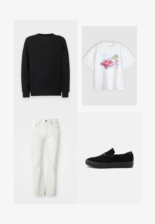 Schwarzer Rundhalsausschnitt-Sweatshirt mit langen Ärmeln, gerippten Bündchen und Saum, vor einem schlichten weißen Hintergrund präsentiert.; Weißes T-Shirt mit einem roten Vintage-Auto mit Levi’s-Logo, das neben einer Küstenstadt mit Hügeln und Gebäuden im Hintergrund geparkt ist.; Helle Jeans aus Baumwollmischung. Gerades Bein-Design mit Fünf-Taschen-Stil und Metallknopfverschluss. Glatte Textur.; Schwarzer Wildleder-Slipper mit dicker Sohle und elastischen Seitenteilen, seitlich auf weißem Hintergrund gezeigt.