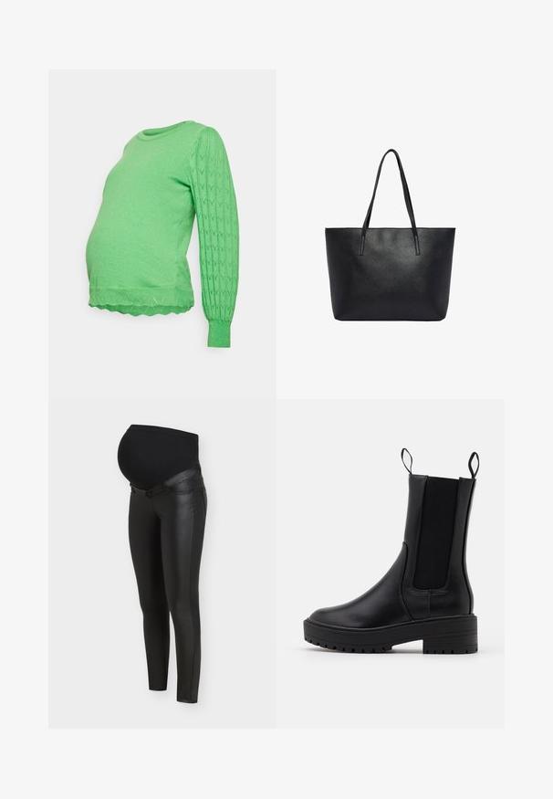 ONLY MATERNITY OLMMOLLY LIFE MIX O NECK - Trui - green bee; Zwarte zwangerschapsleggings met voorpanelen van kunstleer en rekbare stof over de buik voor comfort en ondersteuning tijdens de zwangerschap.; Zwarte enkelboot met een gladde leren afwerking, elastische zijpanelen, trekriempjes en een dikke, gestructureerde zool voor extra grip.; Zwarte leren draagtas met textuur, twee lange schouderbanden, rechthoekige vorm en open bovenkant.