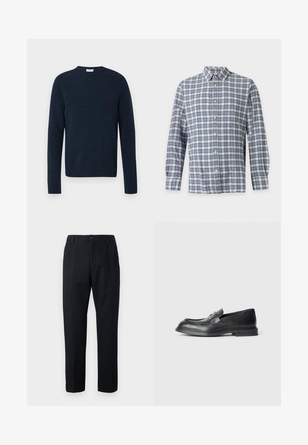 Pull ras du cou bleu marine en tissu tricoté doux, avec manches longues et ourlet et poignets côtelés. Aucune motif ou accent visible.; Chemise homme à manches longues avec boutons, motif à carreaux bleu et blanc et col sur un fond uni clair.; Pantalon noir à jambe droite avec fermeture à boutons, passants pour ceinture et poches latérales, présenté sur un fond uni.; Mocassins en cuir noir avec une finition texturée, dotés d'une bride décorative à l'avant et d'un bout arrondi. Semelle en caoutchouc pour plus de durabilité.