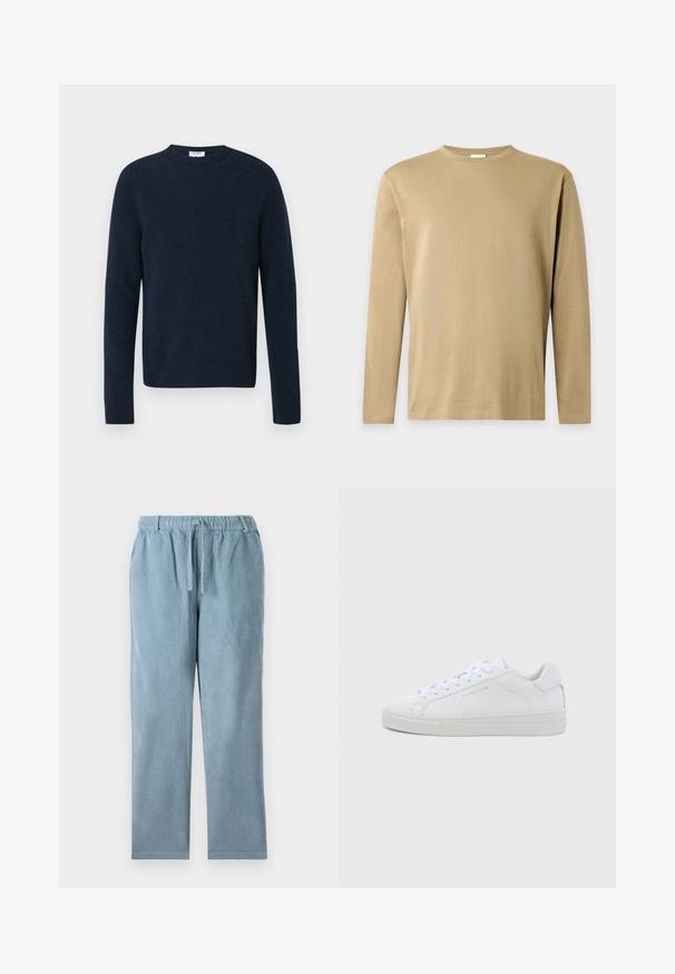 Marineblå crewneck-sweater lavet af blødt strikstof, med lange ærmer og ribbet kant og manchetter. Ingen synlige mønstre eller detaljer.; Beige langærmet rundhals skjorte med et enkelt, ensfarvet design på en lys grå baggrund.; Lyseblå fløjlspants med elastisk talje, snoretilpasning, lige ben-form og ribbet tekstur. Ingen synlige lommer.; Hvide sneakers i lav model og læder med rund snude, flade snørebånd, tekstureret sål og diskret guldfarvet logo på siden. Glat overflade og minimalistisk design.
