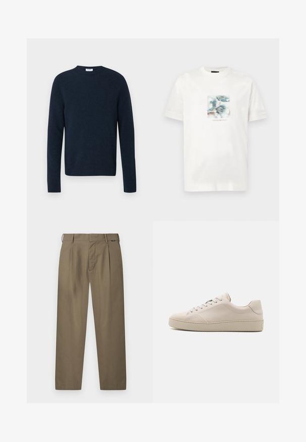 Pull ras du cou bleu marine en tissu tricoté doux, avec manches longues et ourlet et poignets côtelés. Aucune motif ou accent visible.; T-shirt en coton blanc avec un graphisme frontal composé de motifs abstraits bleus et bruns, et le texte "EMPORIO ARMANI" en dessous de l'image.; Pantalons kaki pour hommes à jambes droites avec passants pour ceinture, plis avant, et une fermeture dissimulée par boutons et zip.; Baskets en cuir beige avec une finition lisse, bout rond, semelle plate et design classique à lacets. Des accents de couture subtils et une semelle extérieure texturée.
