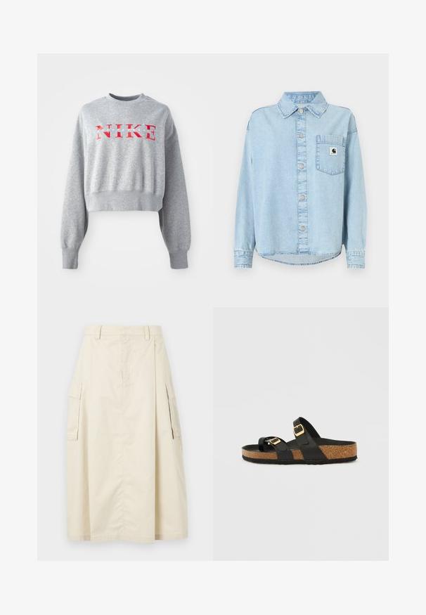 Grå cropped sweatshirt lavet af bomuldsblanding, med ribbede manchetter og kant. Fronten viser en fed rød "NIKE" logo med hvid tekst nedenfor.; Lyseblå denimskjorte med en brystlomme, knapper foran og lange ærmer. Har en logo-patch på lommen og synlige syninger.; Beige, knælængde nederdel lavet af bomuld. Har to sidelommer og en frontfold, med en elastisk talje og skjult lynlås.; Sorte komfortable sandaler med to justerbare stropper, gyldne spænder og en fodseng i kork, med en tekstureret sort gummisål.