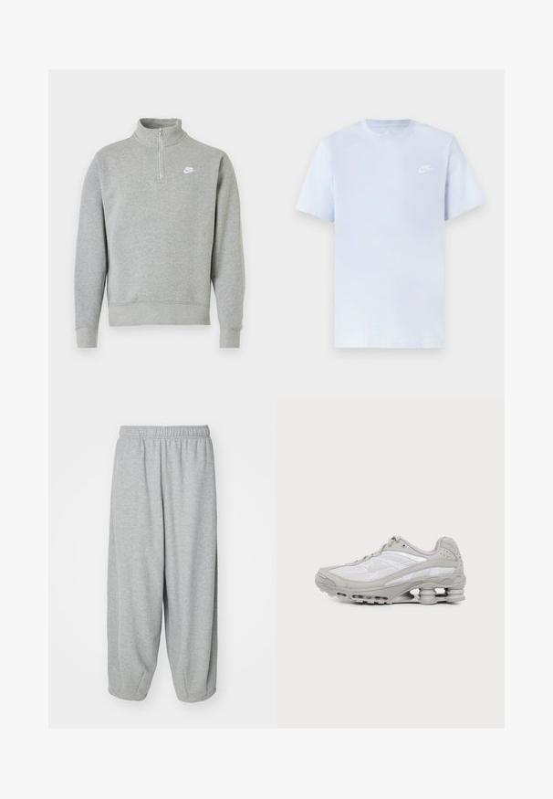 Hallide särk, millel on pool-etsi krae, pikad varrukad, soonilised mansetid ja alläär. Esiküljel on väike valge Nike logo.; Hele sinine puuvillane t-särk lühikeste varrukatega, ümar kaelus ja valge Nike logo trükituna vasakul rinnal. Sile tekstuur, lihtne disain.; Heledad hallid, lõdva istuvusega treeningpüksid, mis on valmistatud pehmest kangast. Elastsest materjalist vöökoht ja soonikud pahkluude juures. Lihtne ja kaunistusteta disain.; Hall-valge spordijalats nähtava õhkmadratsi ja võrgust detailidega, esitatud küljepildina lihtsal heledal taustal.