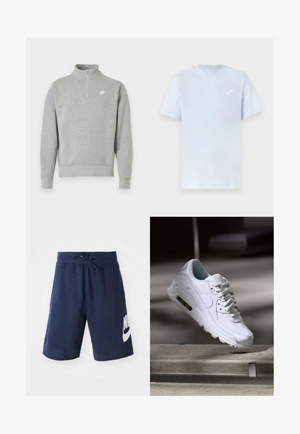 Hallide särk, millel on pool-etsi krae, pikad varrukad, soonilised mansetid ja alläär. Esiküljel on väike valge Nike logo.; Hele sinine puuvillane t-särk lühikeste varrukatega, ümar kaelus ja valge Nike logo trükituna vasakul rinnal. Sile tekstuur, lihtne disain.; Tumedate sinised spordilühikesed püksid, mis on valmistatud puuvilla segust, omavad elastset vöökohta paelaga, küljetaskuid ja suurt valget logo vasakul jalal.; Valge nahast tennisete õhustuskujuga pinnad, pehmendustega krae ja nähtav õhuklapp tallas. Omab paelu ja minimaliseeritud disaini.