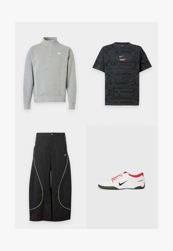 Grauer Sweatshirt mit halbseitigem Reißverschluss-Kragen, langen Ärmeln, gerippten Bündchen und Saum. Mit einem kleinen weißen Nike-Logo auf der Brust.; Schwarzes T-Shirt mit einem strukturierten Muster, versehen mit einem kleinen Nike-Logo in Hellblau und einem rechteckigen Logopatch in kontrastierenden Farben.; Schwarze Nike-Hose mit weitem Bein, neongrünem, geschwungenem Paspel und kleinem Nike-Swoosh-Logo auf dem rechten Oberschenkel, mit Knopf- und Reißverschlussbund.; Weißer Sportschuh mit roten Akzenten, schwarzem Swoosh-Logo und strukturiertem Design. Mit weißen Schnürsenkeln und schwarzem Außensohle. Text lautet "total90."