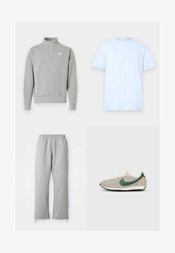 Grå sweatshirt med halvlynlås-krave, lange ærmer, ribbede manchetter og kant. Har et lille hvidt Nike-logo på brystet.; Lyseblå bomuld T-shirt med korte ærmer, rund halsudskæring og et subtilt hvidt logo på øverste venstre bryst. Glat tekstur.; Grå sweatpants med elastisk talje, lige ben og snoretræk ved kanten. Fremstillet af blødt, struktureret stof.; Beige løbesko med grønne ruskindsdetaljer, struktureret mesh-overdel, cremefarvede snørebånd og sort gummisål med trækkraftsstifter.