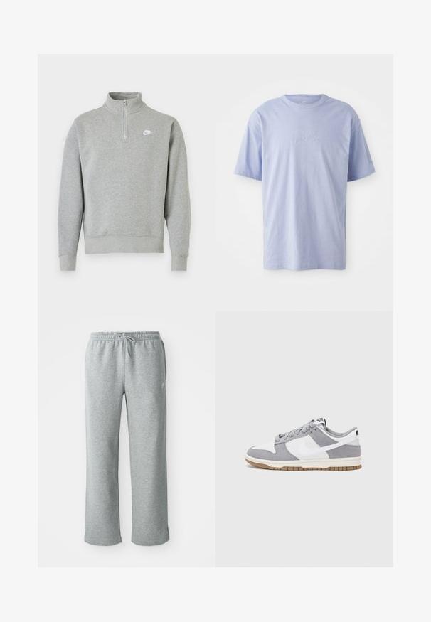 Grå sweatshirt med halvlynlås-krave, lange ærmer, ribbede manchetter og kant. Har et lille hvidt Nike-logo på brystet.; Lysblå bomulds T-shirt med rund halsudskæring og korte ærmer. Har et præget "nike" logo i midten foran. Blød tekstur.; Grå bomulds sweatpants med elastisk talje, snorelukning og lige ben. Har et lille logo på den øverste venstre side.; Nike-sneakers har en øverste del i gråt ruskind og hvidt læder med perforeringer, runde snørebånd og en gummisål for greb.