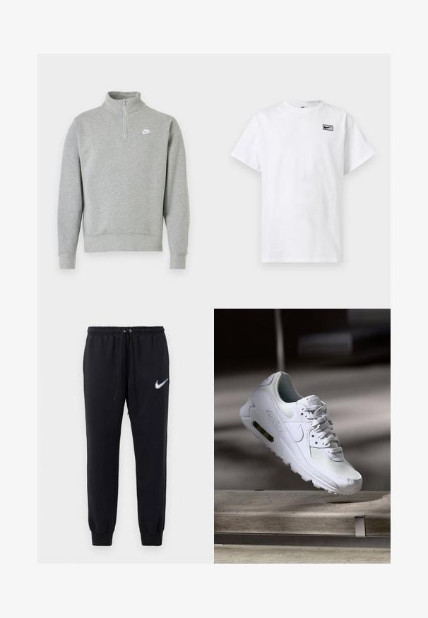 Grauer Sweatshirt mit halbseitigem Reißverschluss-Kragen, langen Ärmeln, gerippten Bündchen und Saum. Mit einem kleinen weißen Nike-Logo auf der Brust.; Weißes T-Shirt mit kurzen Ärmeln und Rundhalsausschnitt, mit kleinem schwarzem Nike Swoosh-Logo in einem Rechteck auf der linken Brust.; Schwarze Nike-Jogginghose mit elastischem Bund und Kordelzug. Sie hat schmal zulaufende Beine und ein weißes gesticktes Logo am linken Oberschenkel.; Weiße Nike Air Max 90 Sneaker mit einem Obermaterial aus Mesh und Leder, durchlässigem Zehenbereich und einer sichtbaren Air-Einheit in der Ferse.