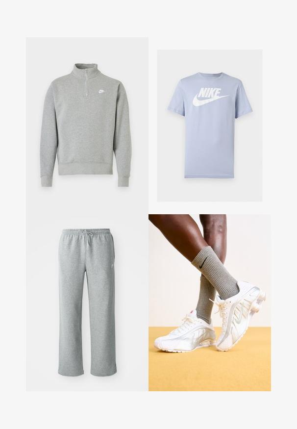 Grauer Sweatshirt mit halbseitigem Reißverschluss-Kragen, langen Ärmeln, gerippten Bündchen und Saum. Mit einem kleinen weißen Nike-Logo auf der Brust.; Hellblaues Kurzarm-T-Shirt aus Baumwolle mit weißem Nike-Logo und Swoosh auf der Brust, vor einfarbigem Hintergrund dargestellt.; Graue Sweatpants aus Baumwolle mit elastischem Bund, Kordelzugverschluss und geraden Beinen. Verfügt über ein kleines Logo auf der oberen linken Seite.; Nike-Sneaker in Weiß mit silbernen Akzenten, ausgestattet mit strukturierten Paneelen und Perforationen. Kombiniert mit grauen gerippten Socken, vor einem gelben Hintergrund.