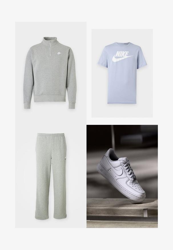 Grijze sweatshirt met een halve ritssluiting bij de kraag, lange mouwen, ribgebreide manchetten en zoom. Voorzien van een klein wit Nike-logo op de borst.; Lichtblauw katoenen T-shirt met korte mouwen en een wit Nike-logo en swoosh op de borst, weergegeven op een effen achtergrond.; Grijze sweatpants van een zachte katoenmix, met een elastische tailleband, recht model en een klein logo aan de linkerkant.; Witte Nike Air Force 1 sneaker van leer met geperforeerde neus, platte veters en een gestructureerde rubberen zool met "AIR"-logo aan de zijkant.