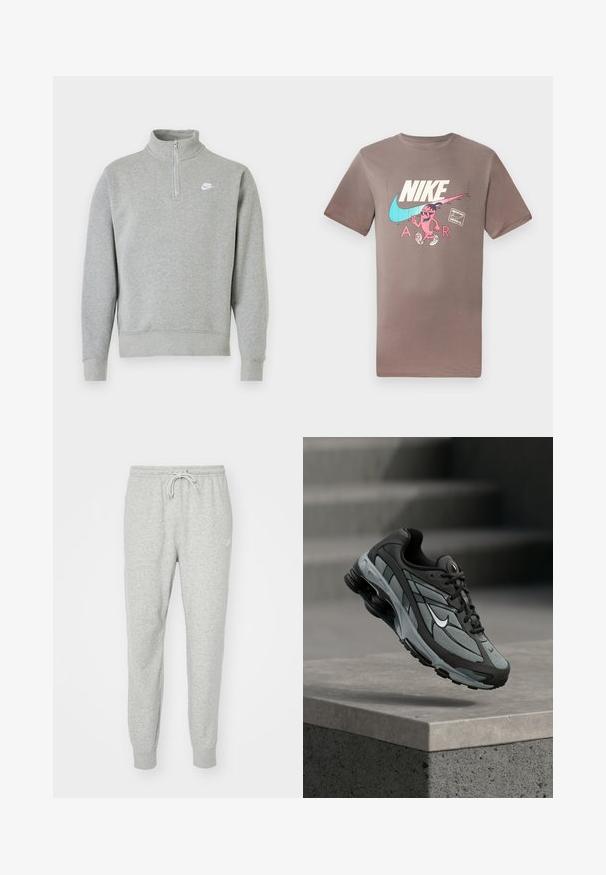 Sudadera gris con collar de media cremallera, mangas largas, puños y dobladillo acanalados. Presenta un pequeño logo blanco de Nike en el pecho.; Camiseta de algodón marrón con un gráfico colorido de un personaje con gafas de sol, junto a los logos de Nike y Air en colores contrastantes.; Pantalones de chándal grises hechos de material suave, con cintura elástica, cierre de cordón y puños acanalados. Presenta un pequeño logo en el costado.; Zapatilla deportiva gris y negra con paneles de malla y suela gruesa, posicionada en el aire sobre un saliente de hormigón con escaleras de fondo.