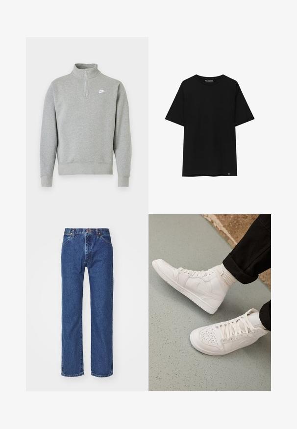 Grijze sweatshirt met een halve ritssluiting bij de kraag, lange mouwen, ribgebreide manchetten en zoom. Voorzien van een klein wit Nike-logo op de borst.; Zwart t-shirt met korte mouwen van katoen, met een ronde hals en een klein merkembleem op de linkeronderkant.; Rechtermode blauwe denim jeans met een voorste knoop, ritssluiting, riemlussen en vijf-vakken ontwerp op een effen witte achtergrond.; Witte hoge sneakers van glad leer met een geperforeerde teen, vetersluiting en subtiele logo-details aan de zijkant. Geprofileerde rubberen zool.