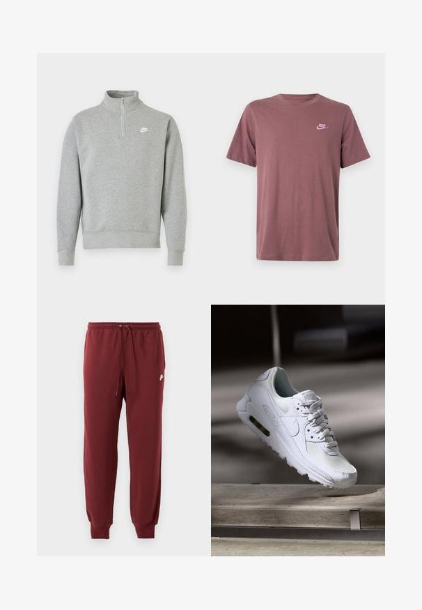 Grauer Sweatshirt mit halbseitigem Reißverschluss-Kragen, langen Ärmeln, gerippten Bündchen und Saum. Mit einem kleinen weißen Nike-Logo auf der Brust.; Dunkelrotes Baumwoll-T-Shirt mit kurzen Ärmeln, rundem Ausschnitt und einem pinkfarbenen Nike-Logo auf der linken Brust. Glatte Textur, Standardpassform.; Burgunderfarbene Sweatpants aus weichem Material, mit elastischem Bund und Kordelzug sowie schmal zulaufenden Bündchen, versehen mit einem kleinen weißen Logo.; Weiße Nike Air Max 90 Sneaker mit einem Obermaterial aus Mesh und Leder, durchlässigem Zehenbereich und einer sichtbaren Air-Einheit in der Ferse.