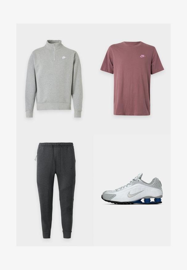 Šedá mikina so štvrťzipom, dlhými rukávmi, rebrovanými manžetami a lemom. Na hrudi sa nachádza malá biela značka Nike.; Bordové bavlnené tričko s krátkymi rukávmi, okrúhlym výstrihom a ružovým logom Nike na ľavej strane hrudníka. Hladká textúra, štandardný strih.; Tmavošedé jogger nohavice Nike s pásom na šnúrku, zipsovou bočnou vreckom, zúženými nohavicami a rebrovanými manžetami na bielom pozadí.; Biele a šedé bežecké tenisky Nike so strieborným swooshom, modrými pružinovými podrážkami a čiernym dezénom na jednofarebnom pozadí.