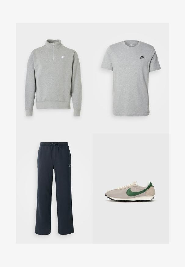 Sudadera gris con collar de media cremallera, mangas largas, puños y dobladillo acanalados. Presenta un pequeño logo blanco de Nike en el pecho.; Camiseta de manga corta gris de algodón, con un logo negro de Nike en el pecho y un cuello redondo. Diseño minimalista sin patrones.; Pantalones de chándal azul marino oscuro con cintura elástica y cordón. Hechos de tela suave, presentan un pequeño logo blanco en la cadera izquierda.; Zapatillas de correr beige con acentos de gamuza verde, parte superior de malla texturada, cordones crema y suela de goma negra con tacos de tracción.
