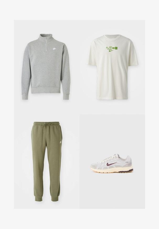 Grå sweatshirt med halvlynlås-krave, lange ærmer, ribbede manchetter og kant. Har et lille hvidt Nike-logo på brystet.; Hvid bomulds t-shirt med et grønt grafisk print med ordet "NIKE" og logo. Korte ærmer og rund hals. Glat tekstur.; Olivengrønne bomulds-joggers med snor i taljen, indsnævrede ankler og et lille hvidt Nike-logo på venstre side. Blød, glat tekstur.; Herres løbesko i lys grå og creme med en åndbar mesh-overdel, mørkerød Nike-swoosh, polstret krave og en struktureret sål.