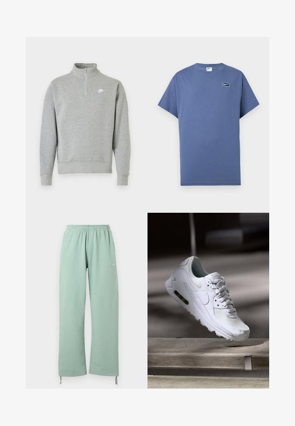 Sweatshirt gris avec un col zippé à moitié, des manches longues, des poignets et un ourlet côtelés. Présente un petit logo Nike blanc sur la poitrine.; T-shirt bleu à manches courtes et col rond avec petit logo Nike swoosh à l'intérieur d'un carré arrondi sur le côté gauche de la poitrine.; Pantalon de survêtement large vert clair avec taille élastique, logo Nike sur la cuisse gauche et liens ajustables aux ourlets.; Sneaker Nike Air Max 90 blanche avec une tige en mesh et cuir, une boîte à orteils perforée et une unité air visible au talon.