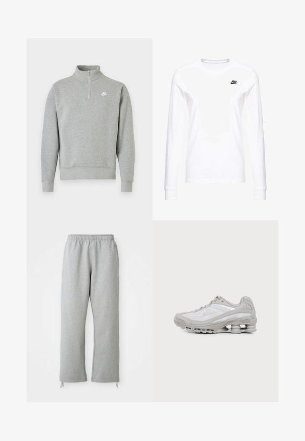 Grå sweatshirt med halvlynlås-krave, lange ærmer, ribbede manchetter og kant. Har et lille hvidt Nike-logo på brystet.; Hvid langærmet T-shirt lavet af bomuld, med et lille sort Nike-logo på venstre bryst og en rund halsudskæring. Glat tekstur.; Grå sweatpants med elastisk talje, lige ben og snoretræk ved kanten. Fremstillet af blødt, struktureret stof.; Grå og hvid atletiksko med synlig luftpolstret sål og mesh-paneler, vist i profil på en ensartet lys baggrund.