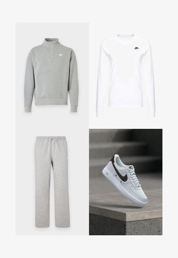 Šedá mikina so štvrťzipom, dlhými rukávmi, rebrovanými manžetami a lemom. Na hrudi sa nachádza malá biela značka Nike.; Biele dlhé rukávy tričko vyrobené z bavlny, s malým čiernym logom Nike na ľavej hrudi a okrúhlym výstrihom. Hladká textúra.; Šedé teplákové nohavice s elastickým pásom a šnúrkou. Vyrobené z mäkkej látky, majú rovné nohavice a jemný logotyp.; Biela teniska Nike Air Force 1 s čiernym logom Swoosh, vznášajúca sa nad betónovým okrajom s rozmazanými schodmi na pozadí.
