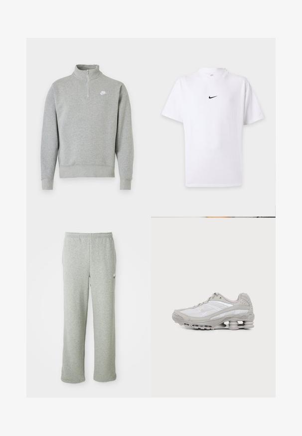 Harmaa huppari, jossa on puolivetoketju, pitkät hihat, ribatut hihansuut ja helma. Rinnassa on pieni valkoinen Nike-logo.; Valkoinen lyhythihainen T-paita, jossa musta Nike swoosh -logo keskellä rintaa ja yksinkertainen pyöreä kaula-aukko.; Harmaat verkkarit, jotka on valmistettu pehmeästä puuvillasekoitteesta. Niissä on joustava vyötärö, suoran lahkeen muotoilu ja pieni logo vasemmalla puolella.; Harmaa ja valkoinen urheilujalkaine, jossa verkkopaneelit, nauhallinen malli ja ainutlaatuinen jousimainen pohja vaimennukseen ja tukeen.