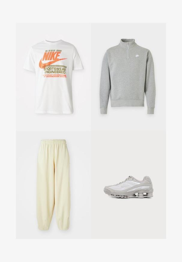 Šedá mikina so štvrťzipom, dlhými rukávmi, rebrovanými manžetami a lemom. Na hrudi sa nachádza malá biela značka Nike.; Biela bavlnená tričko s veľkým oranžovým logom "NIKE" a zeleným textom, ktorý znie "SPORTSWEAR ENGINEERED" a ďalšími špecifikáciami.; Krémové teplákové nohavice s elastickým pásom, zúženými nohavicami a voľným strihom. Vyrobené z mäkkej, ľahkej látky.; Šedá a biela športová teniska s viditeľnou podrážkou s vzduchovou vložkou a sieťovinovými panelmi, zobrazená v profile na jednoduchom svetlom pozadí.