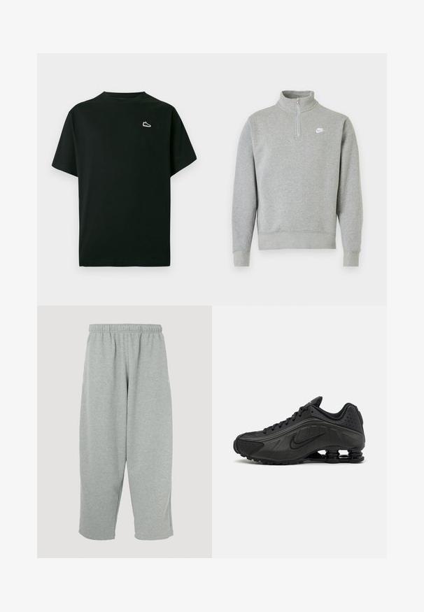 Sweatshirt gris avec un col zippé à moitié, des manches longues, des poignets et un ourlet côtelés. Présente un petit logo Nike blanc sur la poitrine.; T-shirt en coton noir avec col rond, manches courtes et petit logo de baskets blanches sur le côté gauche de la poitrine. Texture douce, coupe décontractée.; Pantalon de survêtement gris clair avec une ceinture élastique, une coupe fuselée des jambes et une texture douce. Aucun logo ou motif visible.; Baskets de course noires avec une tige en synthétique lisse, des accents perforés, des panneaux latéraux texturés et une semelle distincte et rebondissante.