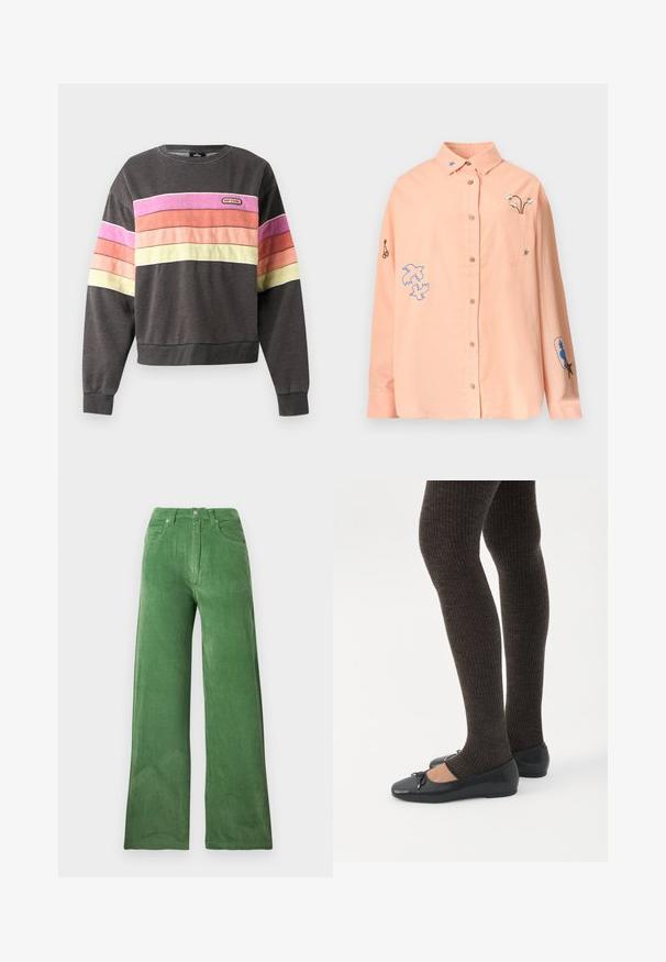 Sweat-shirt gris foncé avec des rayures horizontales roses, orange, pêche et jaunes au niveau de la poitrine et des manches, avec une petite écusson du logo Rip Curl.; Chemise longue à manches longues couleur pêche clair, à boutons, avec col, poche avant et motifs brodés comprenant des oiseaux, des fleurs et des étoiles sur les manches et la poitrine.; Pantalon large en velours côtelé vert avec une finition texturée, cinq poches et fermeture à bouton en métal. Des rayures verticales soulignent le tissu.; Jambes portant des leggings côtelés foncés associés à des ballerines noires avec de petits détails en nœud sur fond blanc.