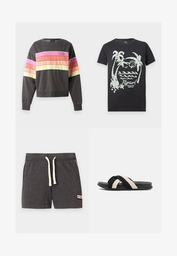 Mørkegrå sweatshirt med horisontale pink, orange, fersken- og gule striber på bryst og ærmer, med et lille Rip Curl logo mærke.; Sort t-shirt med hvid grafik af palmer, bølger, en fugl, et surfbræt og teksten "Rip Curl Quality Surf Products" på fronten.; Mørkegrå strikkede shorts med hvid snor, elastisk talje, sidelommer og et lille Rip Curl-logo på højre ben nederst.; Sort og creme vævet slide sandal med en flad gummisål, der har to krydsede fletsandaler lavet af blødt, tekstureret materiale.
