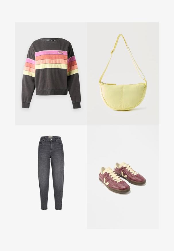 Mørkegrå sweatshirt med horisontale pink, orange, fersken- og gule striber på bryst og ærmer, med et lille Rip Curl logo mærke.; Sortvaskede jeans med høj talje, tilspidset pasform, forlommer, bæltestropper og knaplukning foran.; Par lavtskårede sneakers med teksturerede bordeaux overdeler, cremefarvede snørebånd, tunger og hældetaljer samt brune gummisåler på hvid baggrund.; Blød gul skuldertaske i halvmåneform med justerbar rem og lynlås øverst på en ensfarvet, lys baggrund.