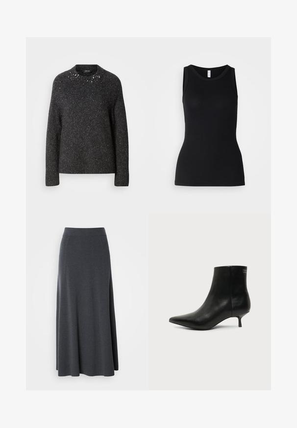Suéter de punto gris oscuro con cuello redondo, que presenta ligeras motas en toda su superficie y detalles ornamentales alrededor del cuello.; Top sin mangas negro hecho de tela acanalada, con un escote redondo y un diseño ajustado, con una textura suave y sin patrones.; Larga falda maxi de color gris oscuro, hecha de tela suave y elástica. Presenta una cintura alta y un diseño fluido, con costuras laterales sutiles para darle forma.; Botín de piel negra con puntera puntiaguda y tacón bajo estilo kitten sobre fondo claro, mostrando vista lateral exterior.